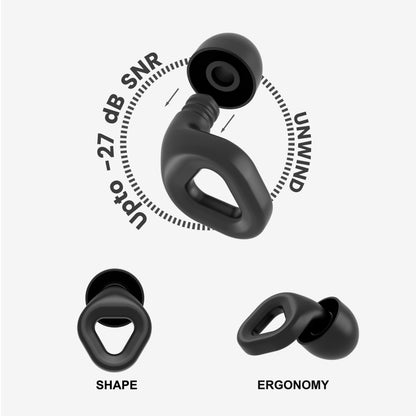 Onyx black earplugs demonstrating shape and ergonomics with two tips
