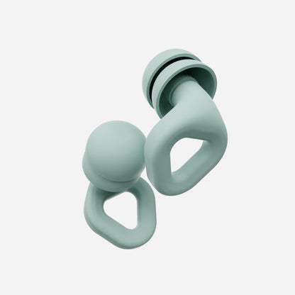 Mint earplug pair with soft curved tips and rounded finger loops