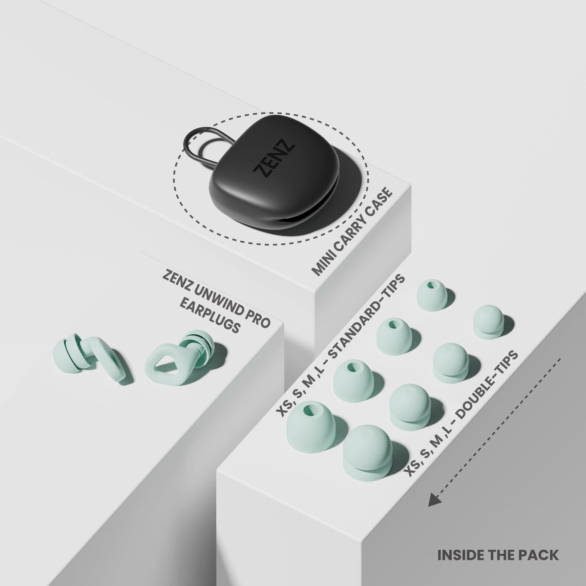 Earplugs set with mint tips and small black ZENZ mini case in box