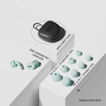 Earplugs set with mint tips and small black ZENZ mini case in box