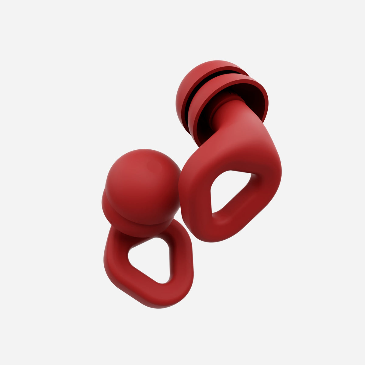 Fiery red earplugs, three-prong style, shown as a pair