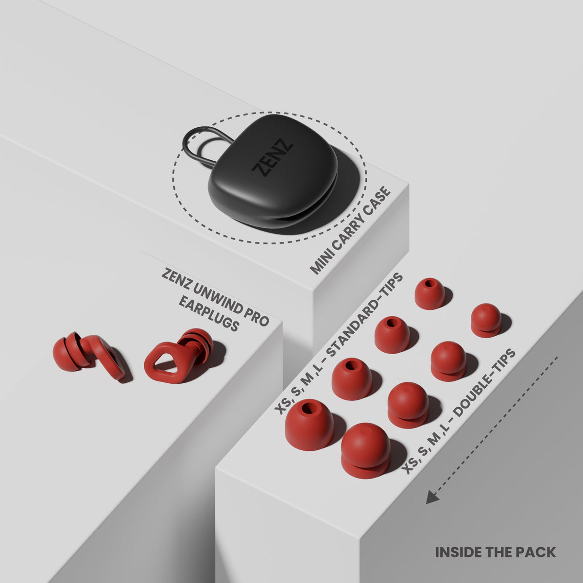 Earplug kit with compact black case and fiery red ear tips in box