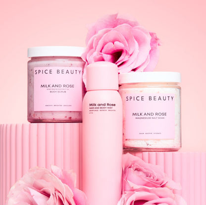 Soothe and Scent Duo Milk and Rose body mist bottle with rose and jars