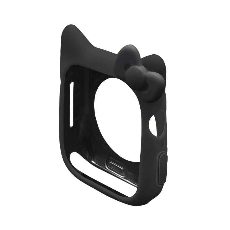 Cat watch cover case for Apple Watch, black silicone with bow and protective frame