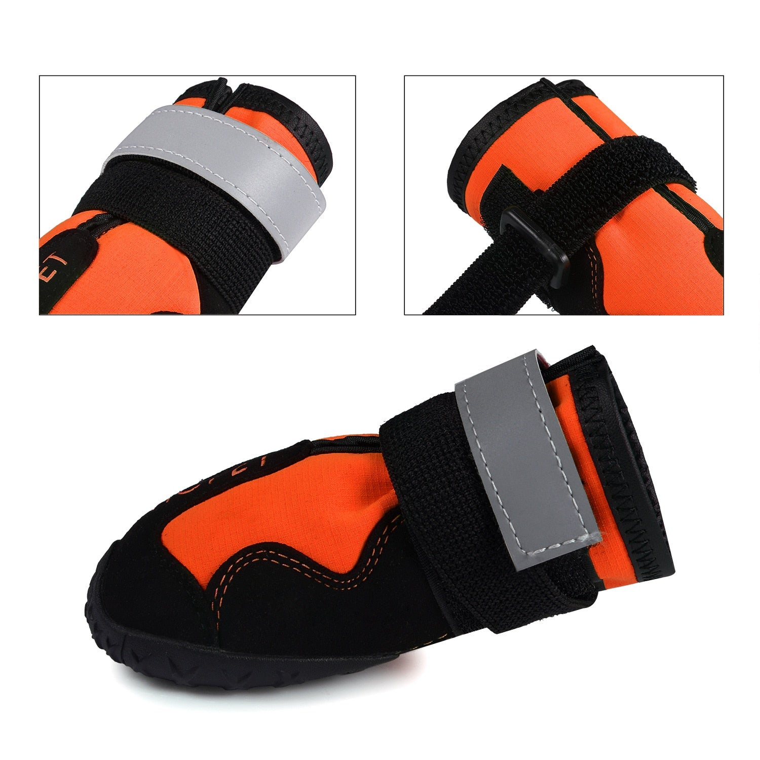 Waterproof reflective dog boot close-up, orange panel with black trim and gray patch