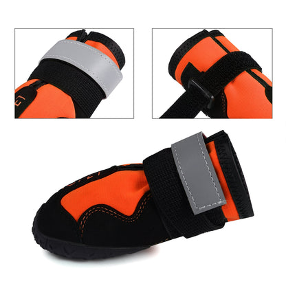 Waterproof reflective dog boot close-up, orange panel with black trim and gray patch