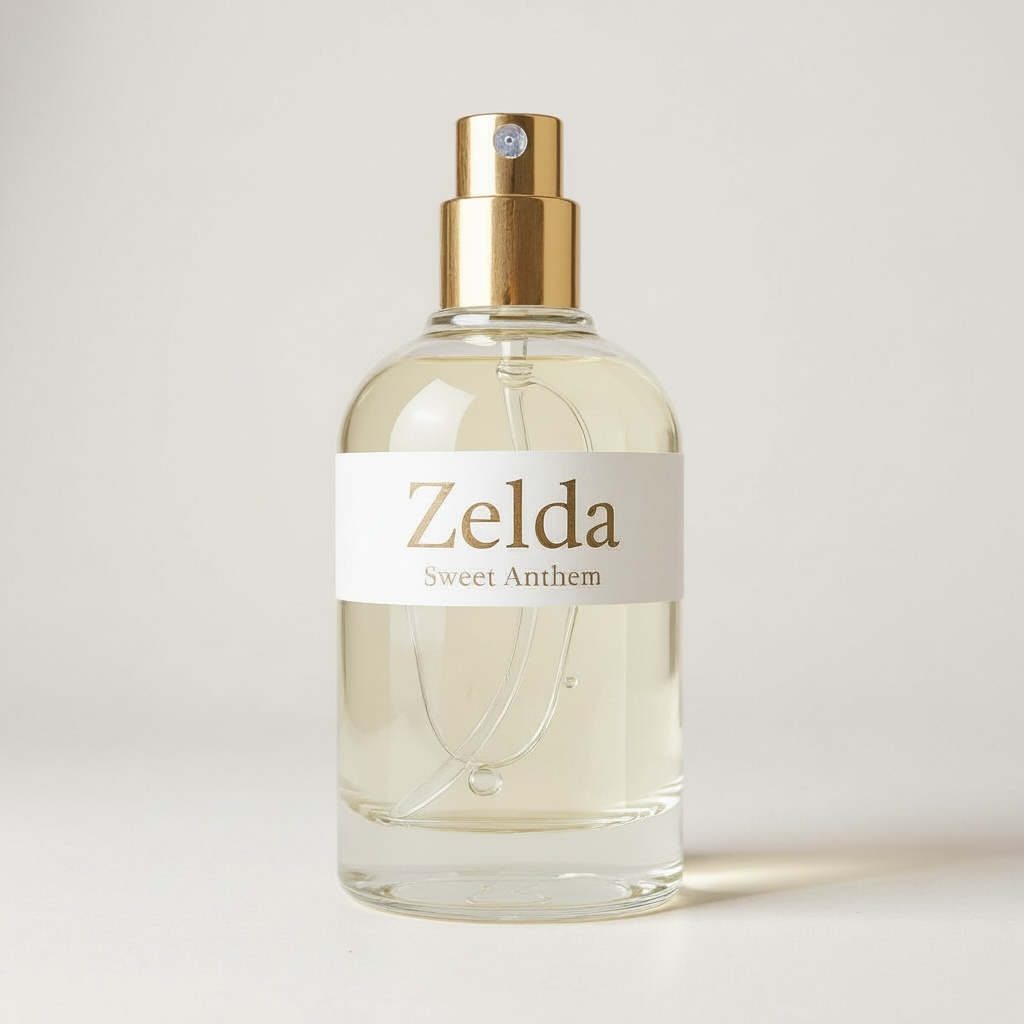 Zelda Sweet Anthem perfume bottle with gold spray top in clear glass