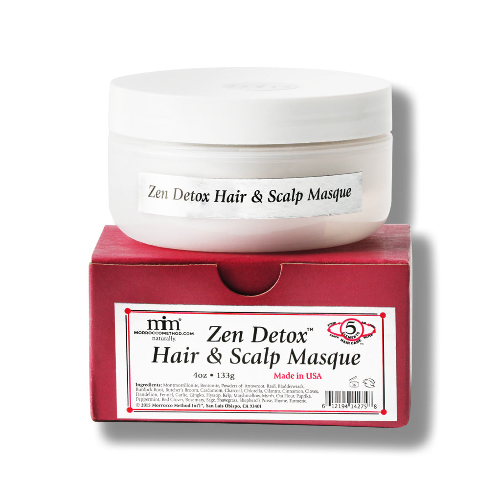 Hair & scalp masque jar with Zen Detox label and red box packaging