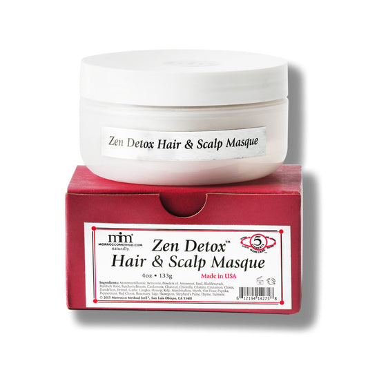 Hair & scalp masque jar with Zen Detox label and red box packaging
