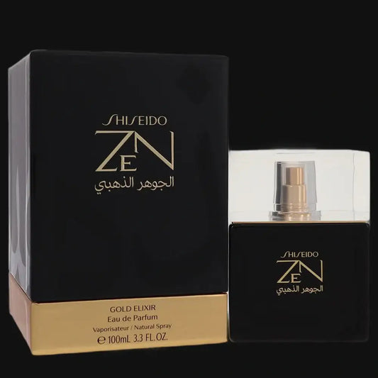 Shiseido Zen Gold Elixir perfume set with black box and 100ml spray bottle