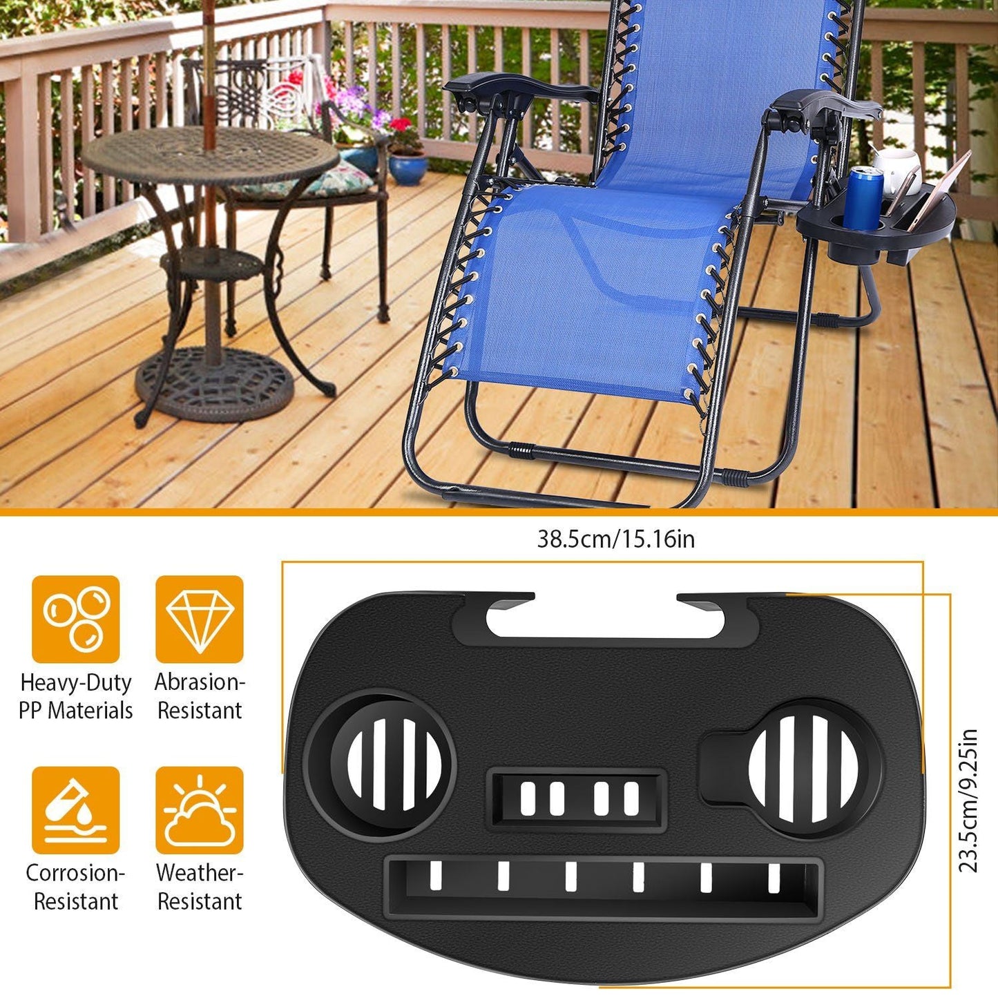 Zero Gravity Chair Cup Holder Clip On Side Tray w/Beverage Can Mobile Devices Slots - Renee Lane Company