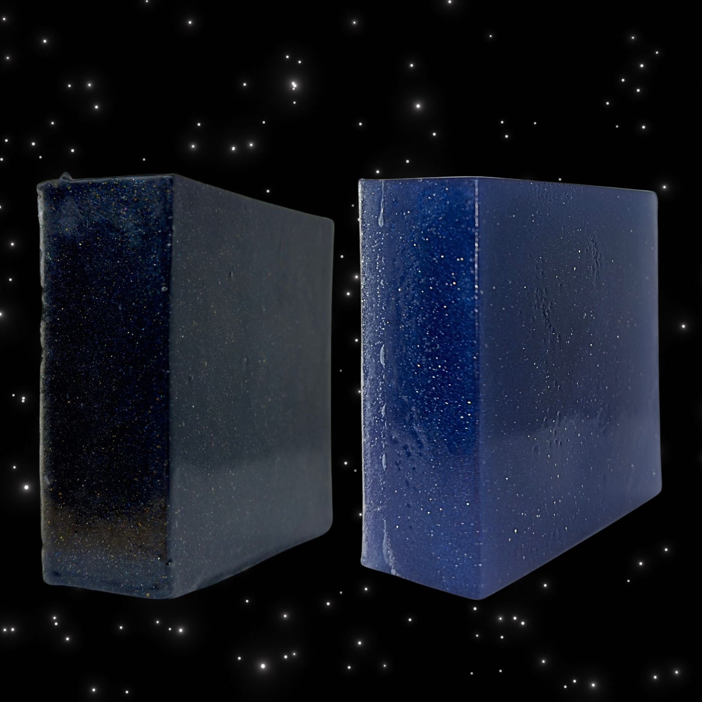 Zero Gravity soap cubes, dark and blue speckled cubes shown side by side