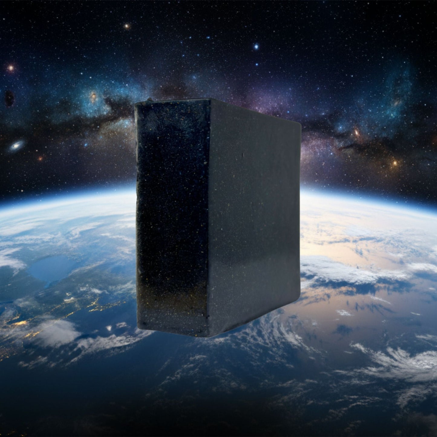 Zero Gravity soap cube, dark blue-black speckled faces, angled view