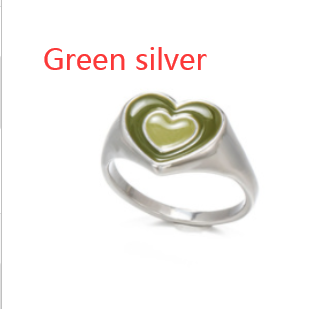 Heart ring with green enamel heart on silver-tone band