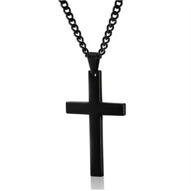 Black cross pendant necklace with chunky curb link chain