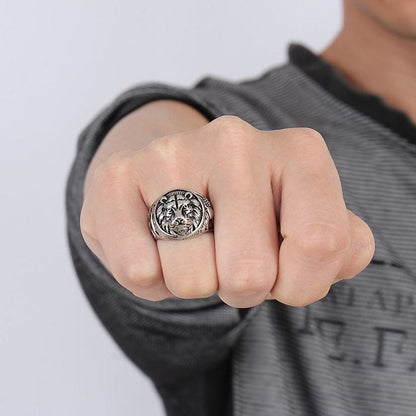 Lion head ring, silver-tone metal with raised lion face on round top