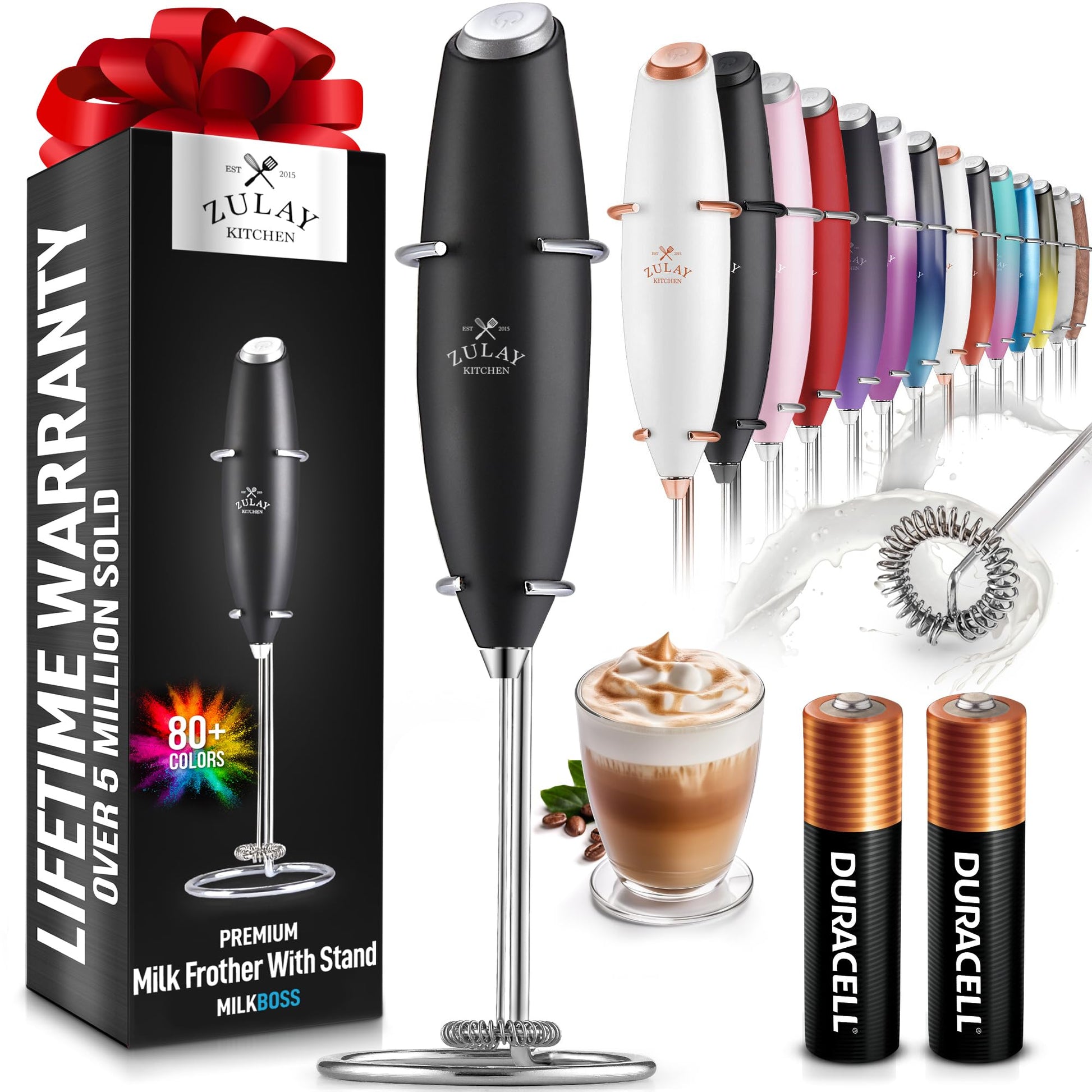 Zulay Kitchen Powerful Milk Frother Wand With 2 Duracell Batteries - Ultra Fast Handheld Drink Mixer - Electric Whisk Foam Maker for Coffee Lattes Cappuccino Matcha Hot Chocolate & Creamer - Black - Renee Lane Company