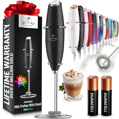 Zulay Kitchen Powerful Milk Frother Wand With 2 Duracell Batteries - Ultra Fast Handheld Drink Mixer - Electric Whisk Foam Maker for Coffee Lattes Cappuccino Matcha Hot Chocolate & Creamer - Black - Renee Lane Company