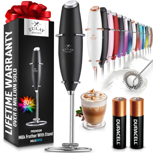 Zulay Kitchen Powerful Milk Frother Wand With 2 Duracell Batteries - Ultra Fast Handheld Drink Mixer - Electric Whisk Foam Maker for Coffee Lattes Cappuccino Matcha Hot Chocolate & Creamer - Black - Renee Lane Company