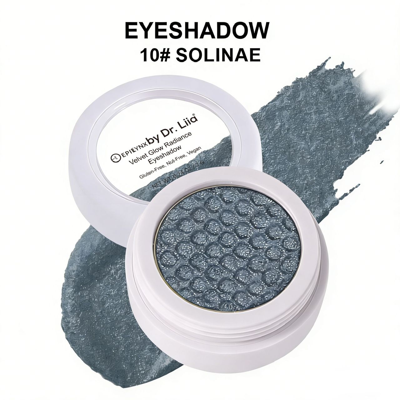 Eyeshadow compact with dark blue shimmer pan and matching swatch