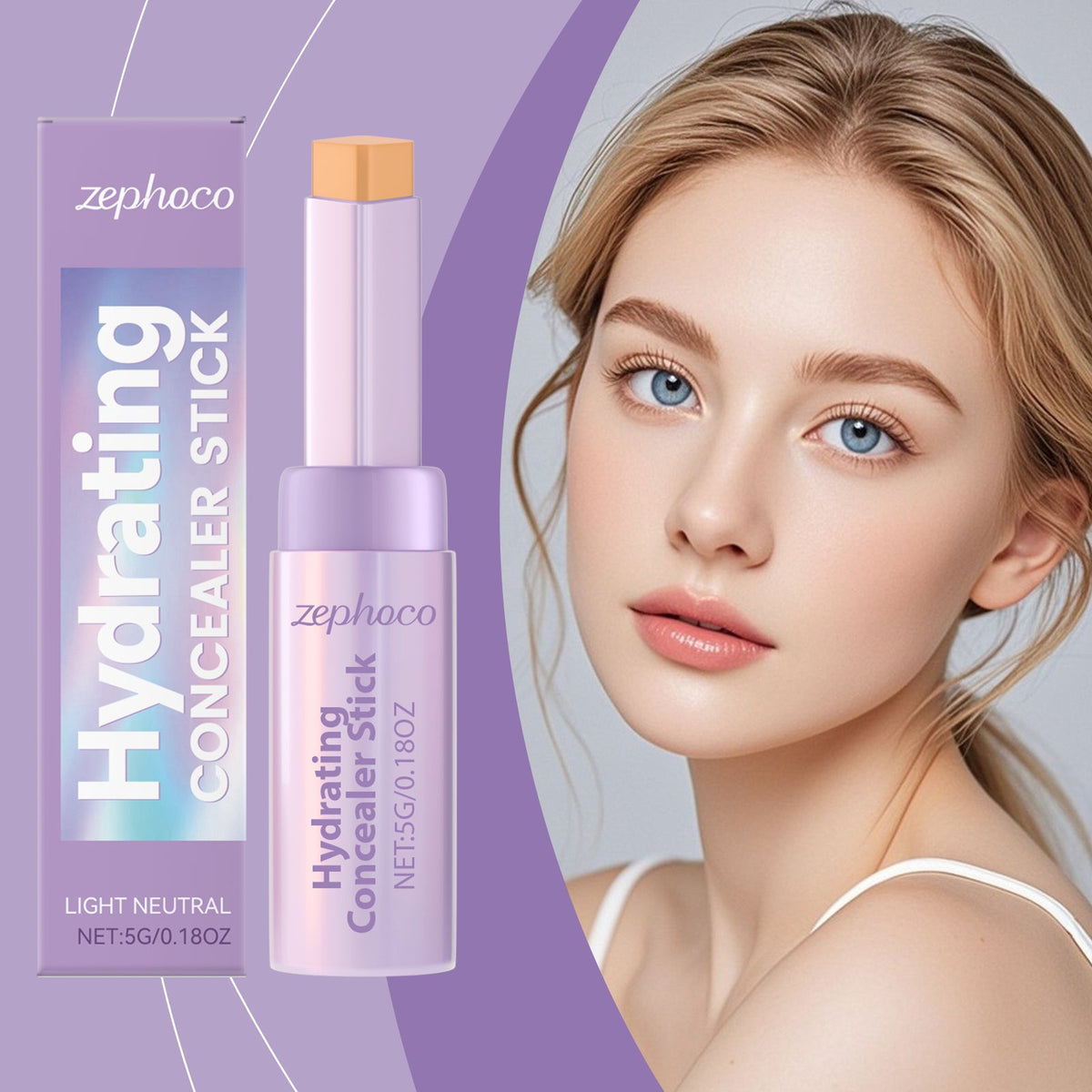Zephco hydrating concealer stick, light neutral shade, lavender tube with orange cap, front