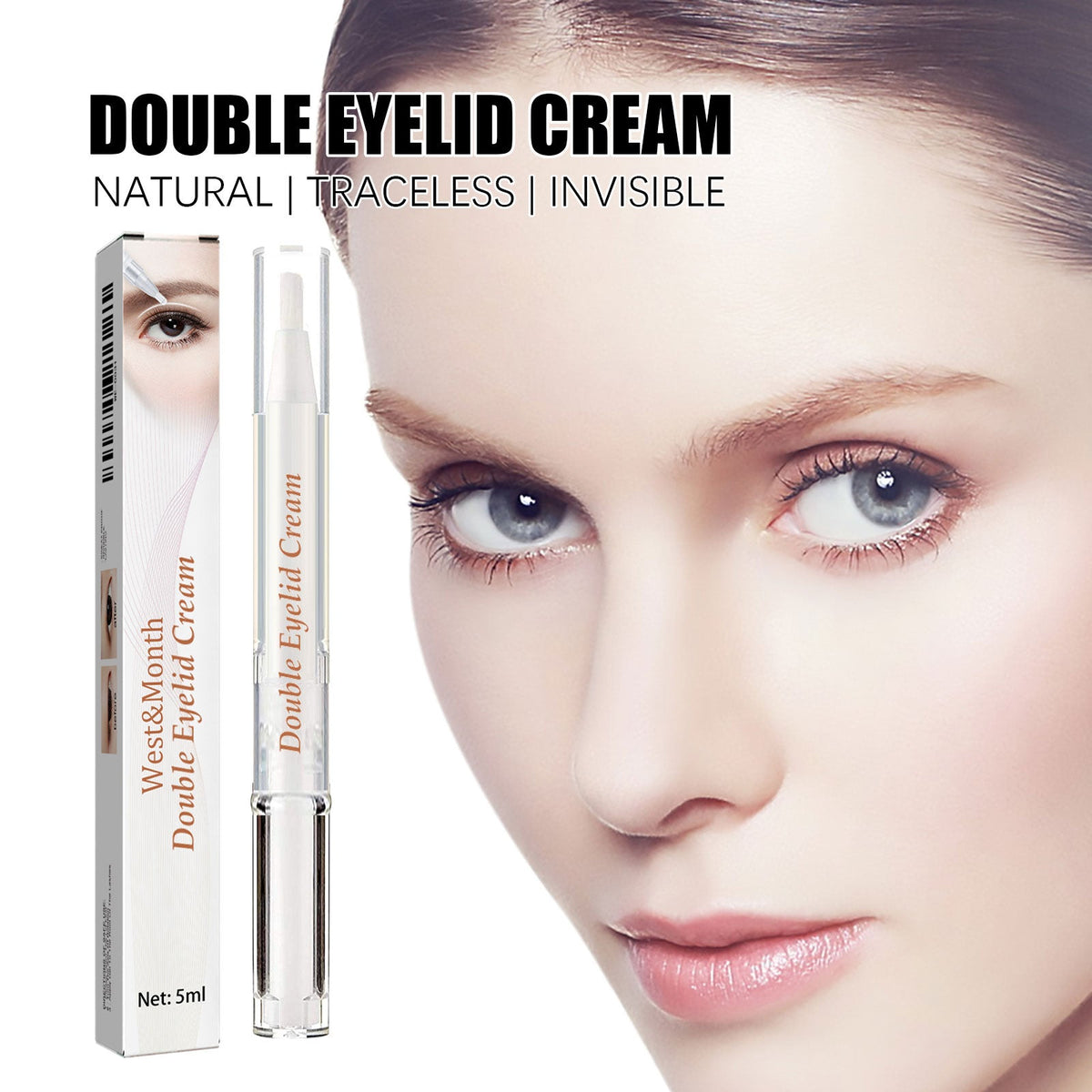 Eyelid shaping cream box and silver-tipped tube beside woman’s blue eyes