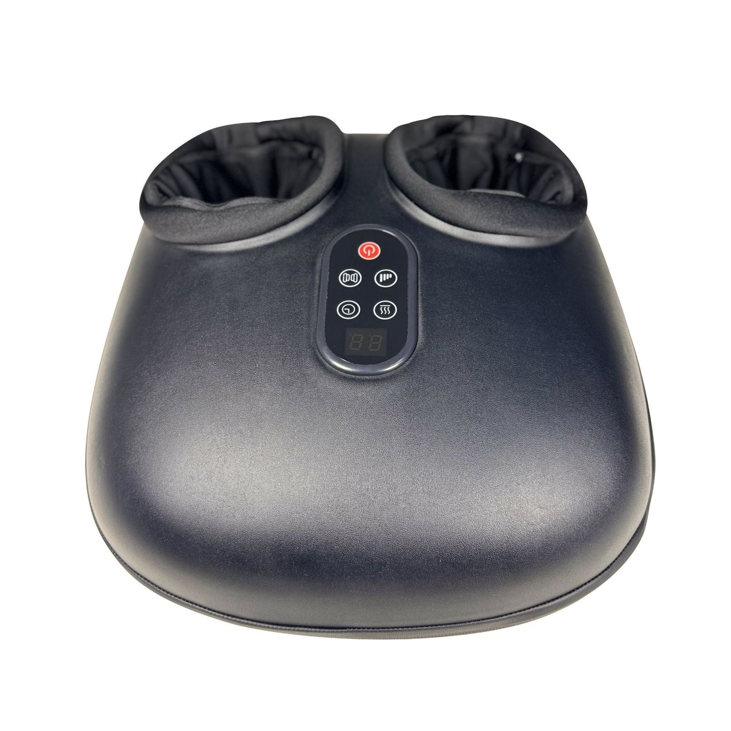 Dark foot massager with two cushioned toe wells and center LED control screen