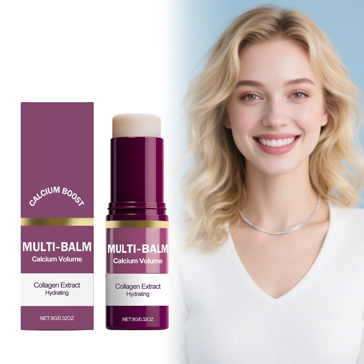 Moisturizing skin balm set: purple cylindrical container with beige cap and matching box.