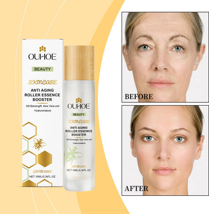 OUHOE night roll-on serum box and silver roller tube, wood-style cap