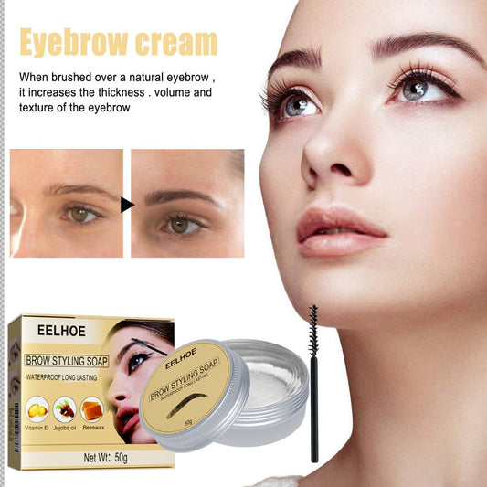 Eyebrow styling gel jar with clear gel and spoolie brush; neat brows in close-up.