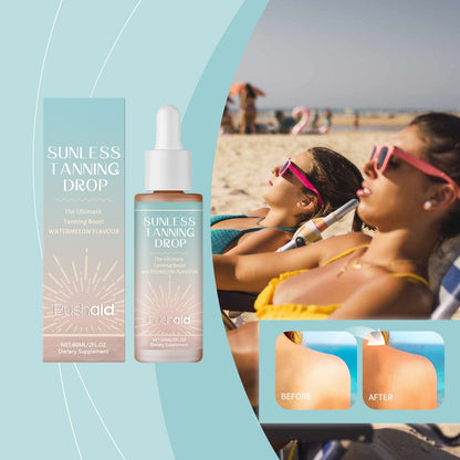 Oral sunless tanning drop bottle and box with beach model and before/after panel
