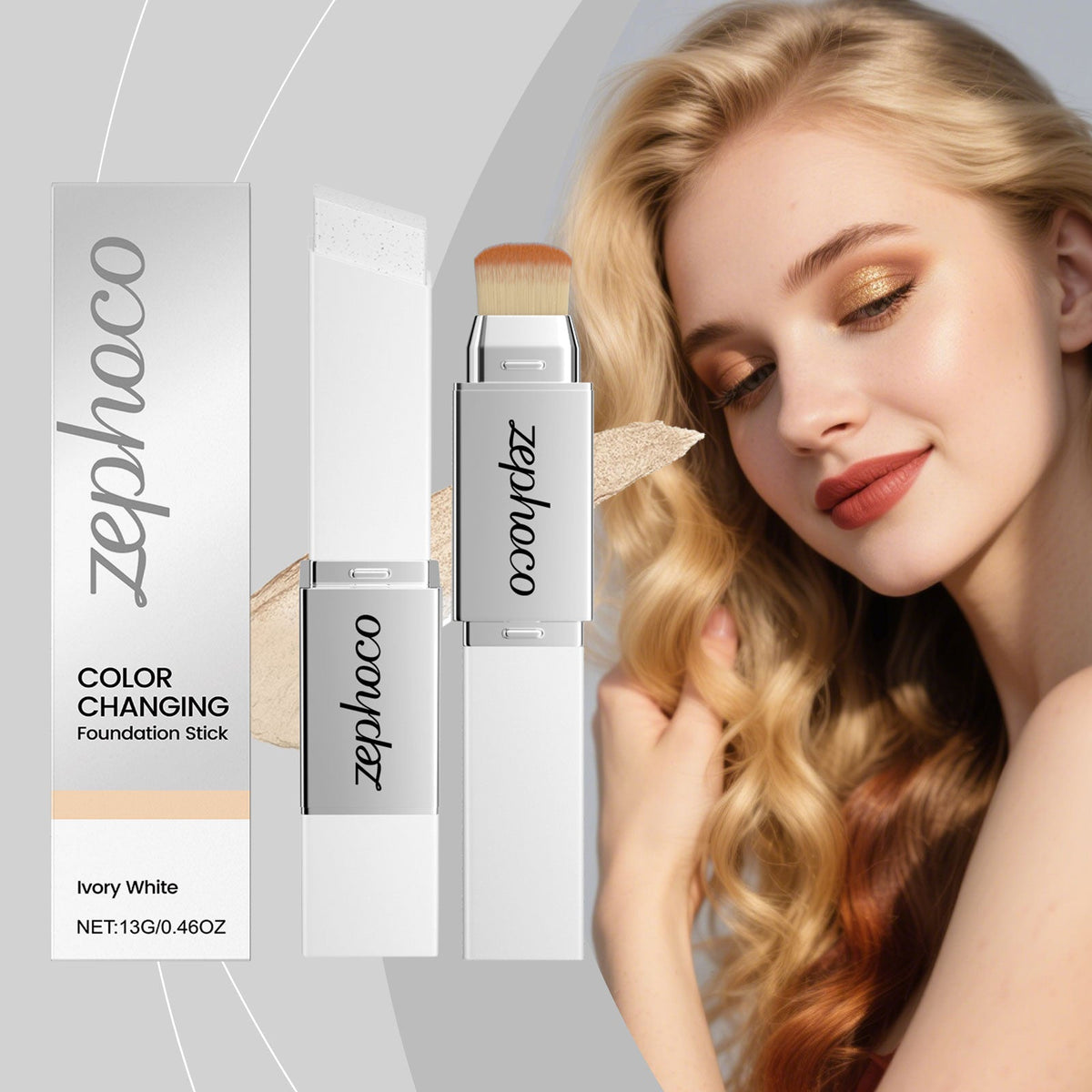 Ivory white color-changing foundation stick with brush applicator, side view