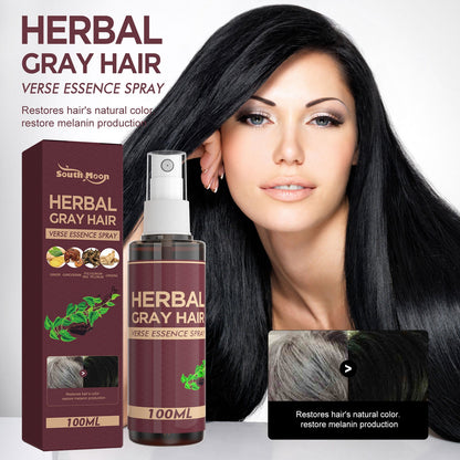 Herbal gray hair spray bottle and maroon box, 100 ml, with gray hair swatch