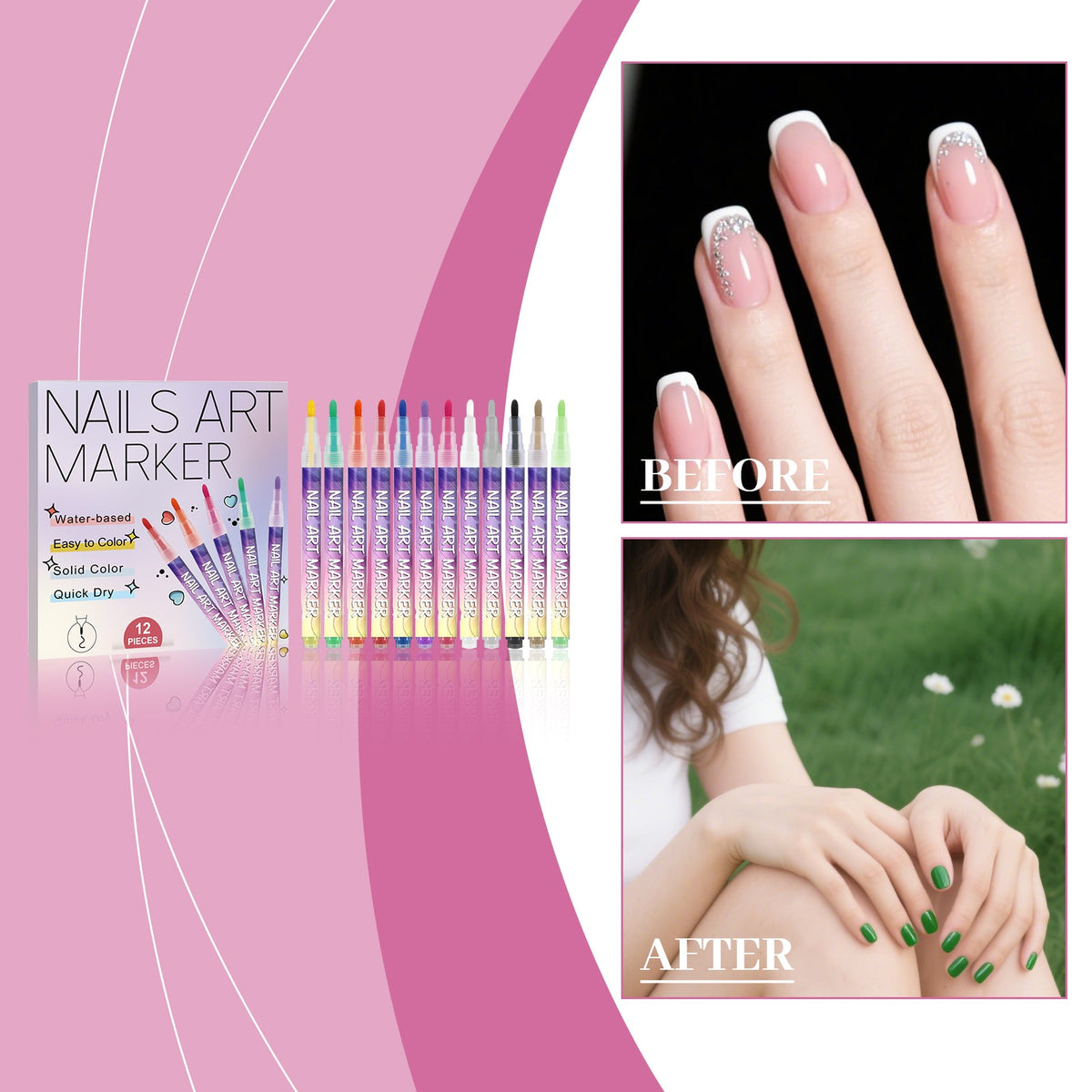 Nail art marker set with 12 colorful pens and before-and-after manicure photos