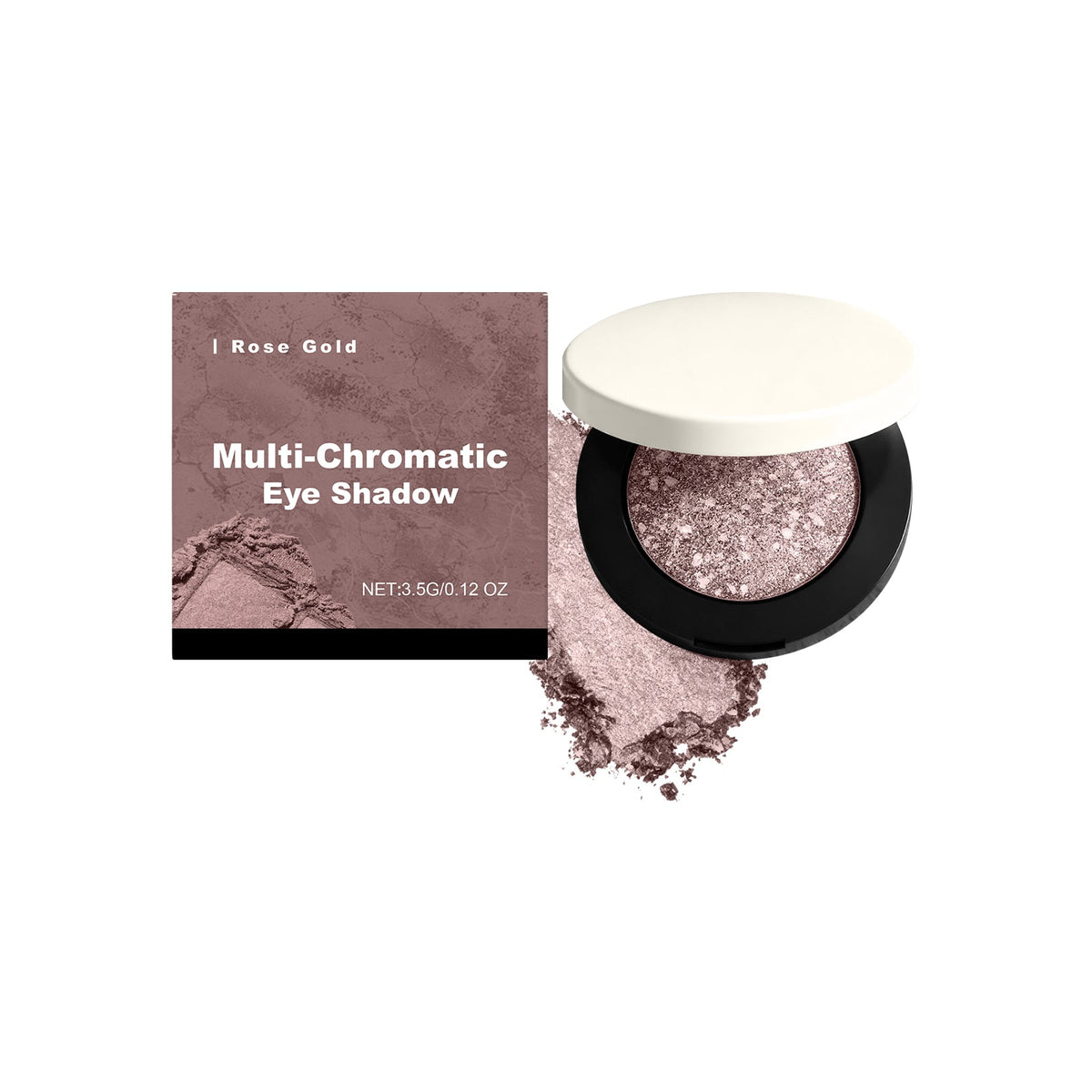 Rose gold multi-chromatic 3D eye shadow compact with glitter pan and opened lid