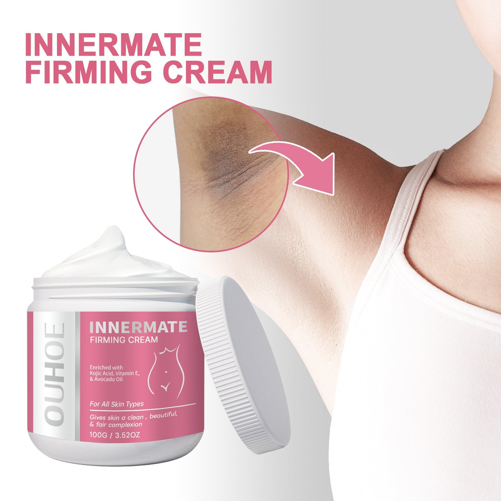 Brightening cream jar with pink label, model shows cream area on underarm