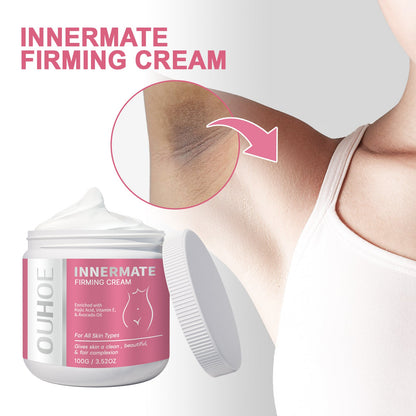 Brightening cream jar with pink label, model shows cream area on underarm