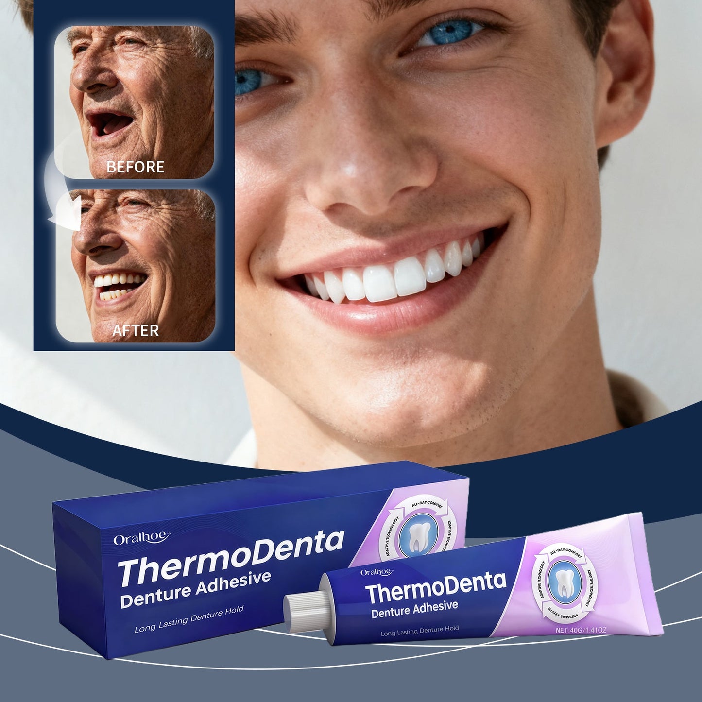ThermoDenta denture adhesive box and tube, purple and white packaging