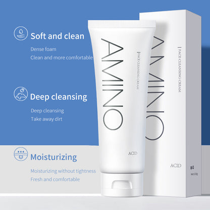 Amino acid facial cleanser tube with matching outer box packaging, 100g net wt.