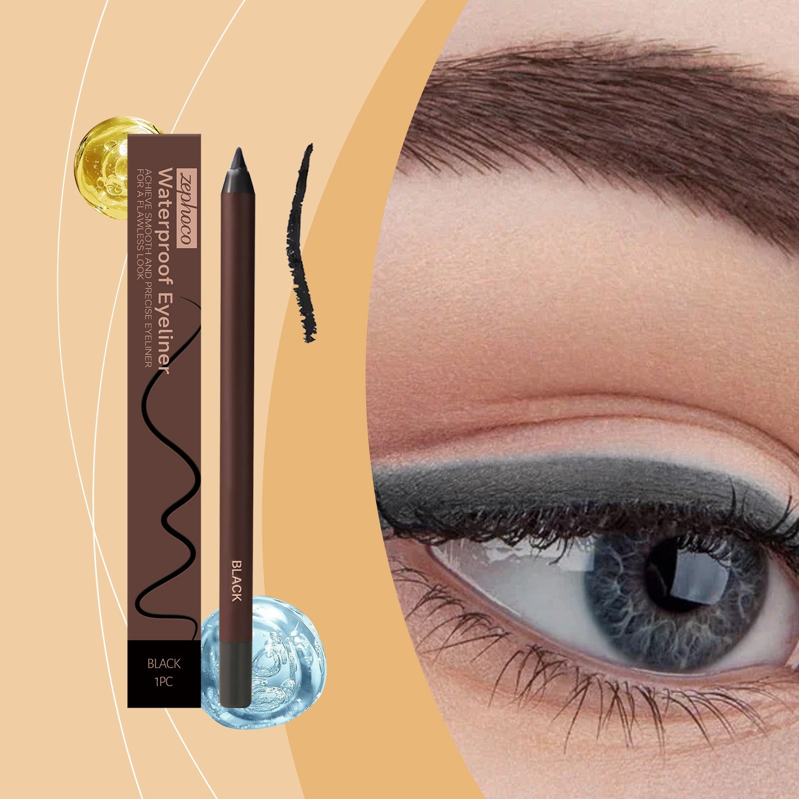 Black waterproof eyeliner pencil and close-up eye with a dark, even eyeliner stroke