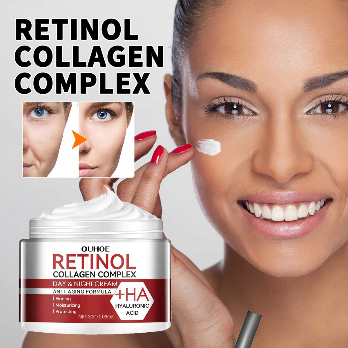 White plastic skincare jar with red label band, day and night moisturizing cream