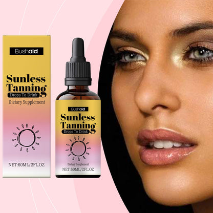 Oral sunless tanning drops bottle with dropper and box beside a model face close-up