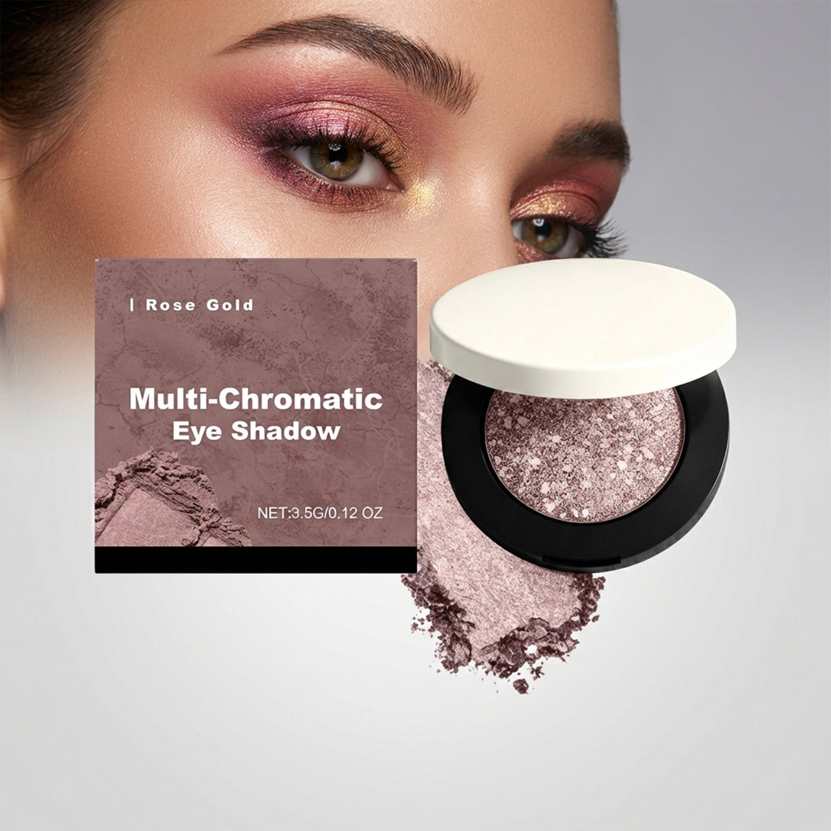 Rose gold multi-chromatic eye shadow compact with glittery pan beside rose-toned eye makeup