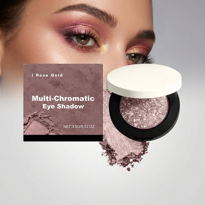 Rose gold multi-chromatic eye shadow compact with glittery pan beside rose-toned eye makeup