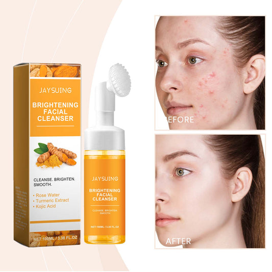 JAYSUING brightening facial cleanser kit: box, amber pump bottle, and brush head