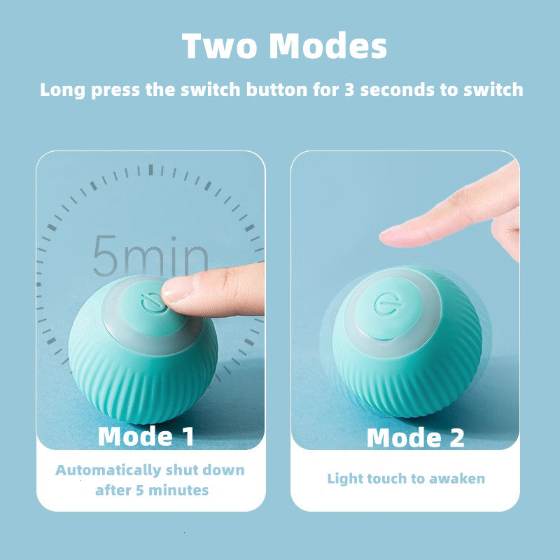 Mint teal cat ball toy showing two touch modes on the top power button
