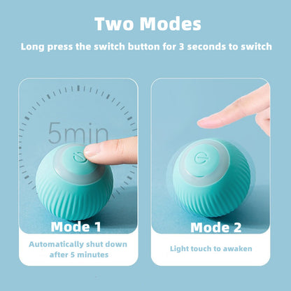 Mint teal cat ball toy showing two touch modes on the top power button
