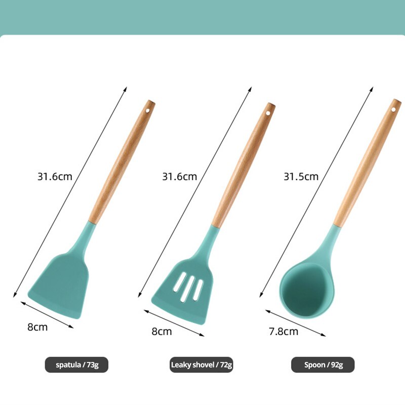 Teal silicone spatula and spoon measuring guide with wooden handles and size labels