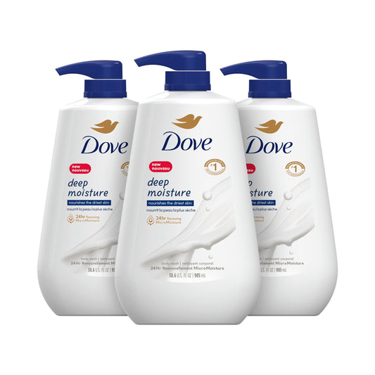 Dove Deep Moisture body wash bottles with blue pump, pack of 3