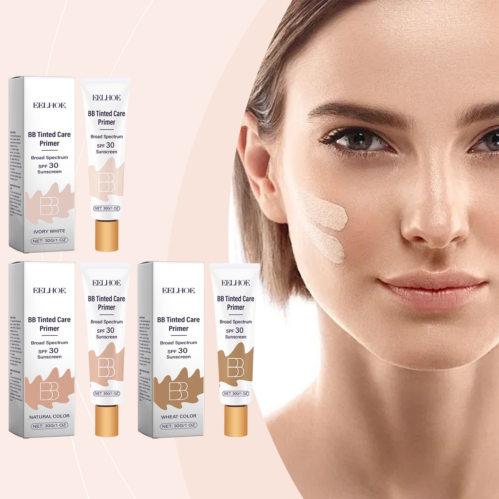 Sunscreen BB cream tubes and boxes in Ivory White and Natural color, SPF 30